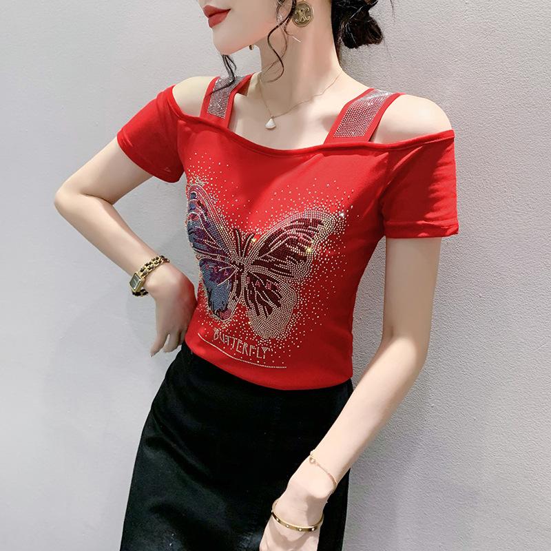 Sexy Damen Einheitslängen Neues Bügel-Diamant-T-Shirt Temperament Mesh-Shirt Raffinierter Schulterfreier Top Sommer