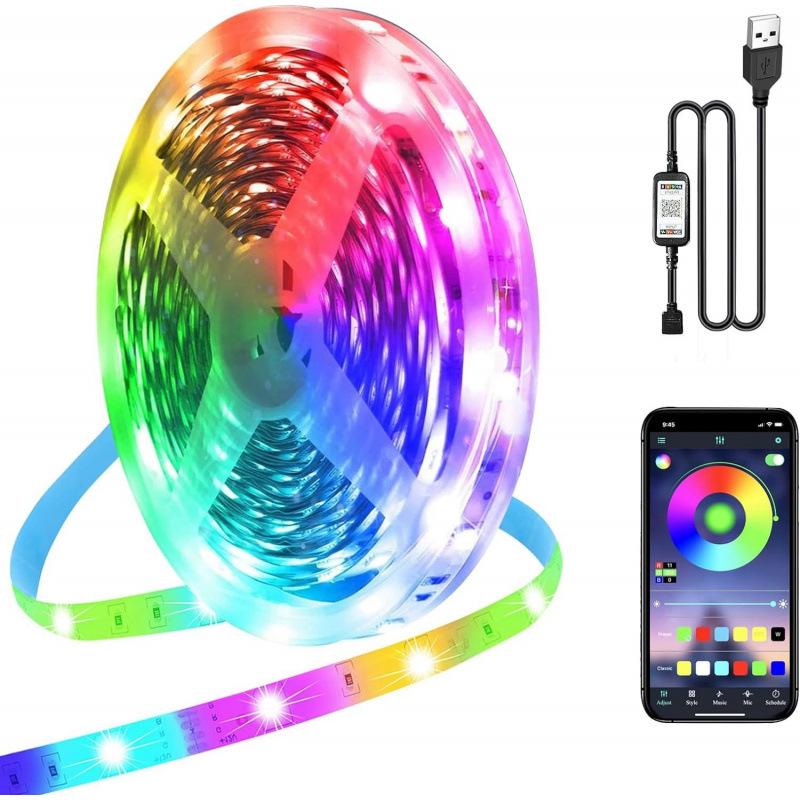 

Светодиодная RGB лента Bluetooth - 5В USB, семь цветов, самоклеящаяся, идеально подходит для подсветки телевизора и игровых комнат. 10m (15 LEDs/m)