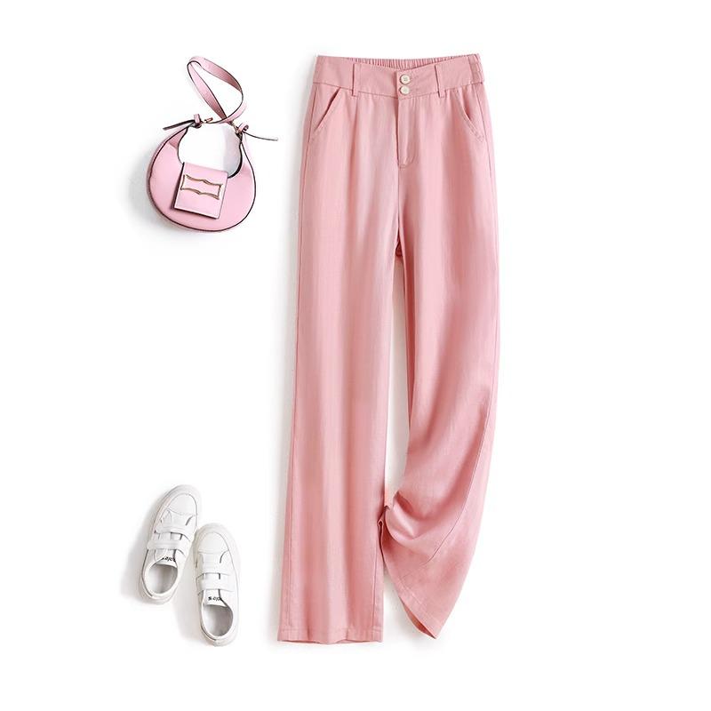 

2024 Light Luxury Pink Linen Wide-Leg Cropped Women s Pants - Summer Casual Loose Fit L (105-115 jin)