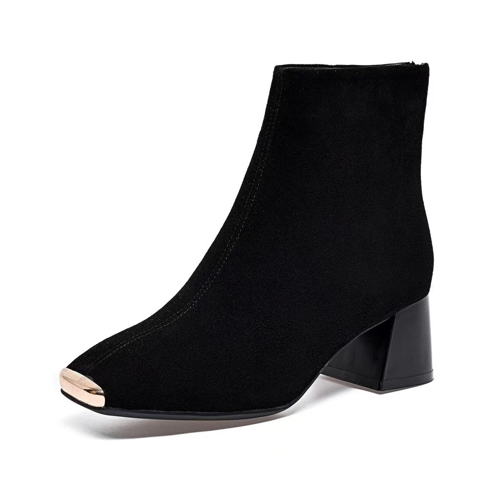 Square head fashion boots women's autumn and winter niche personality iron bag tip elastic boots simple temperament small ankle boots