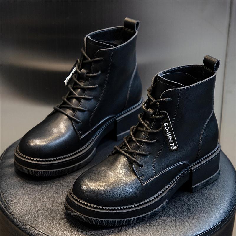 Leather Martin Boots Women's Autumn and Winter Medium Tube Retro Thick Heel Short Boots Women's Trend