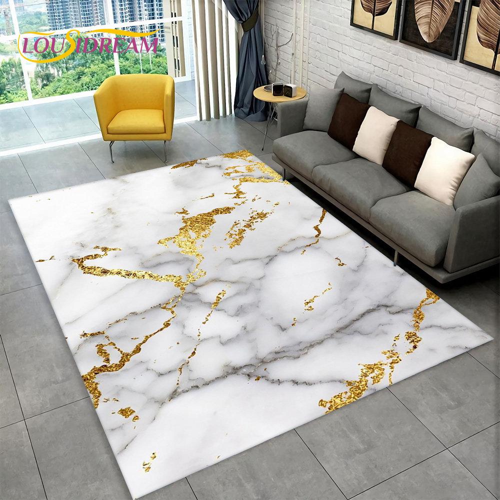 3D Nordic White Golden Colour Marble Geometric Area Rug,Carpet Rug for Living Room Bedroom Sofa Doormat Decor,Non-slip Floor Mat