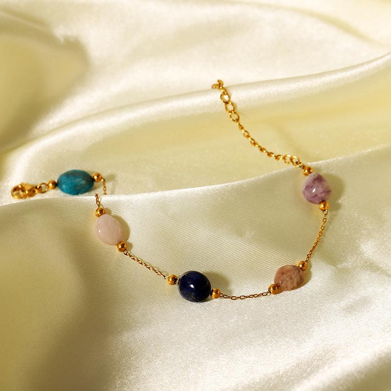 Colorful Natural Stone Beads Bracelet Bangle for Women Gold Color Stainless Steel Bead Chain Stackable Wrist Jewelry Gifts