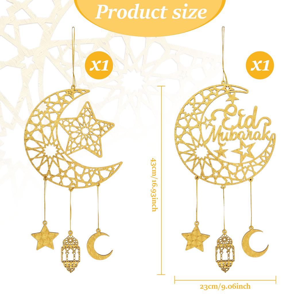 2Pcs Wooden Gold Tone Hollow Star Moon Door Sign for Banquet Theme Party Classic Moon Hanging Decorations With Rope