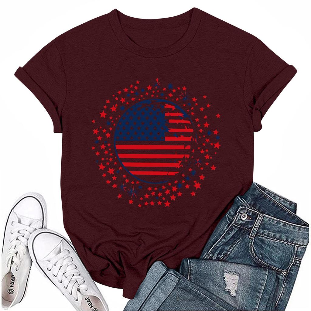 Women's Round Neck Casual Independence Day Printed Short Sleeve T-Shirt Top