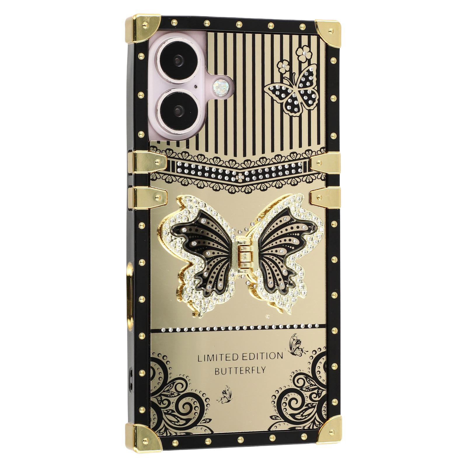 

For iPhone 16 Case Electroplated TPU+PC Phone Cover with Butterfly Kickstand Black