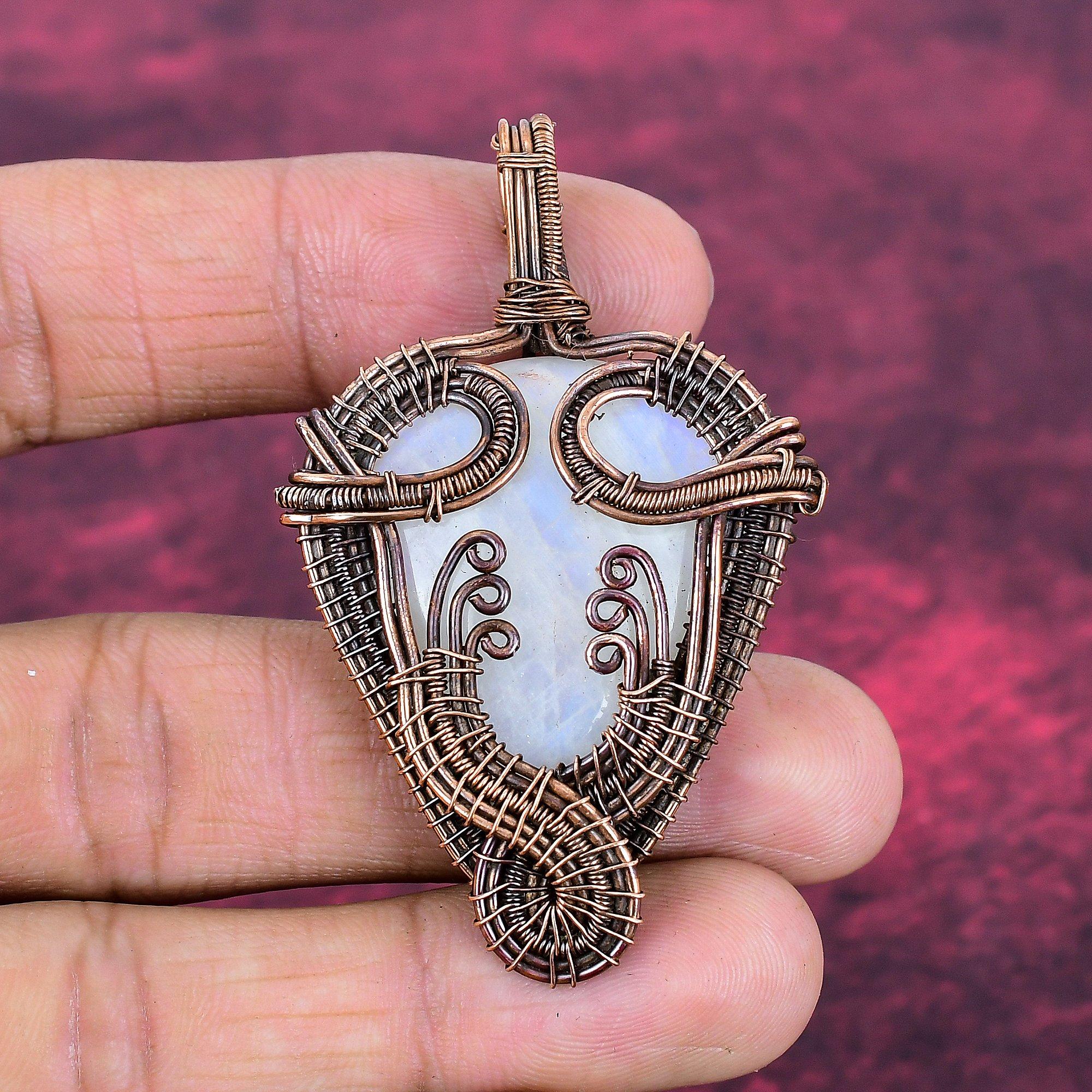 Rainbow Moonstone Gemstone Pendant Copper Wire Wrapped Jewelry Handmade Pendant