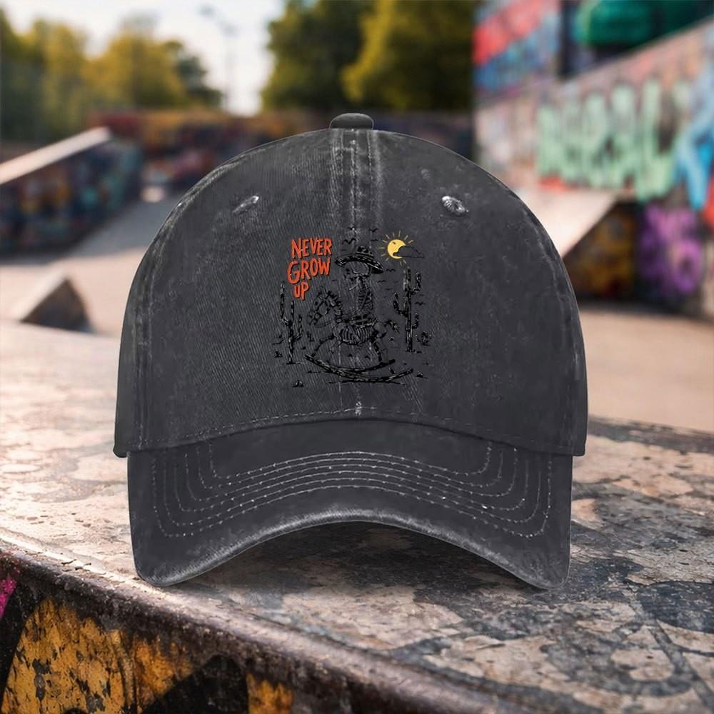 Never Grow Up Cowboy Graphic Washed Baseball Cap Distressed Cotton Snapback Hat for Unisex