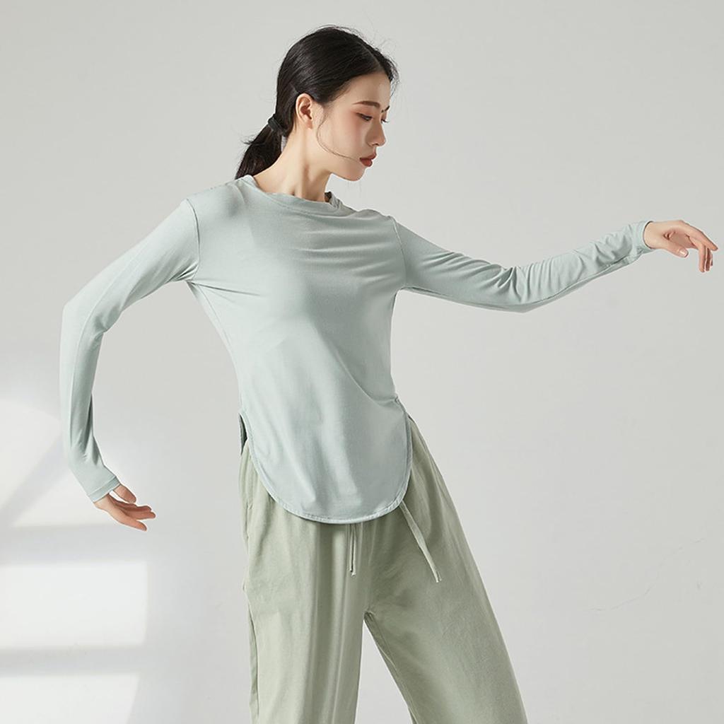 Yuoku Long Sleeve Ballet Practice Stretch Blouse with Slit and Round Perfect for Classical and Ballroom and Refreshing Solid Color Women's T-Shirt,
