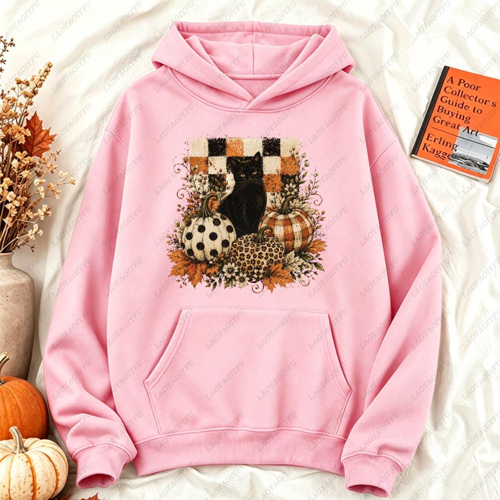 Black Cat Pumpkin Fall Checkered Graphic Hoodie Women Casual Long Sleeve Pullover Vintage Halloween Autumn Holiday Gift Top
