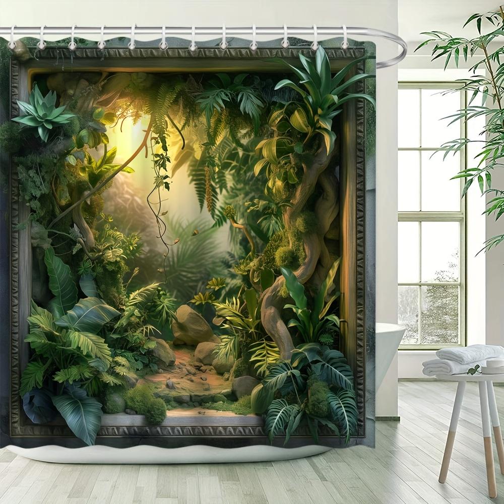 Enchanting Jungle Scene Bath Curtain - Lush Greenery & Sunlit Path; Waterproof Home Decor Adds Tropical Charm to Your Bathroom.