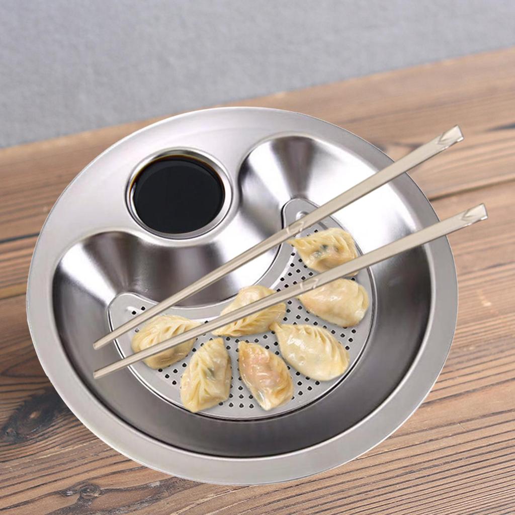 Dumpling Plate Stainless Steel Divided Platter Dinner Tray Sushi with Built in