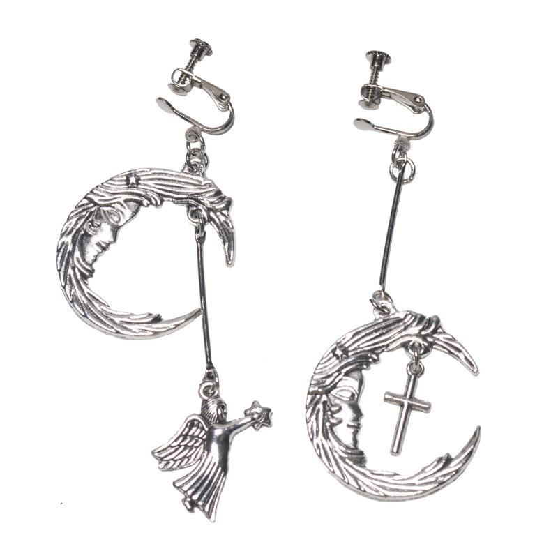 Wind Stud Earrings Gothic Punk Trendy Retro Moon Angel Cross Combination Pierless Ear Clips Stud Earrings