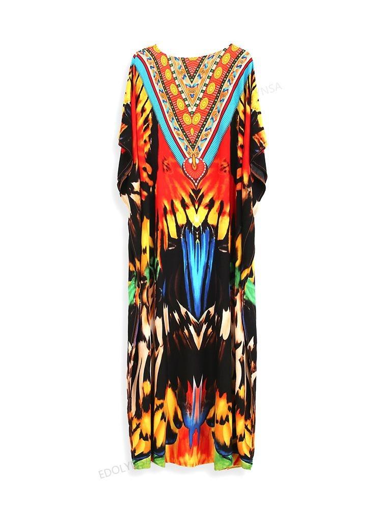 Printed Bohemian Women's Kaftan Dress Loose V-neck Batwing Sleeve Beach Casual Comfy Classy Holiday