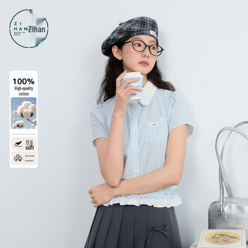 ZIHAN Women s Blue Stripe Short Sleeve Cotton Shirt S