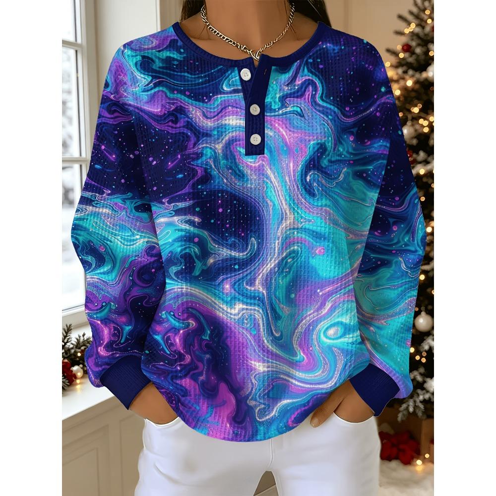Women's Plus Size Sweatshirt with Colorful Starry Sky Fluid Print