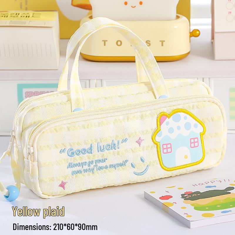 Charming Double-Layer Lucky Embroidery Pencil Case with Large Capacity, Portable Design, and Stylish Dopamine-Inspired Look