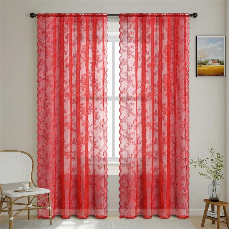 1 Panel Vintage Lace Curtains Rod Pocket Sheer Curtain Long-Romantic Flowers Branch Window Curtain for Living Room French Decor