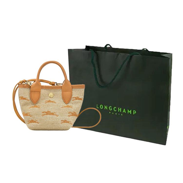 Longchamp Le Panier Pliage Logo Embroidered Detachable Shoulder Strap Straw Texture Canvas Mini Shoulder Crossbody Tote Bag Women Bags 10206HCF222