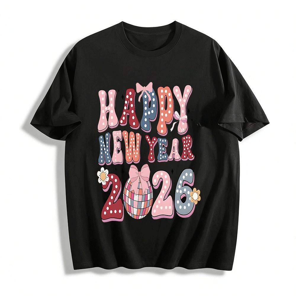 Happy New Year 2026 Polka Dot Letter Print Casual Top Pure cotton T-shirt XXS