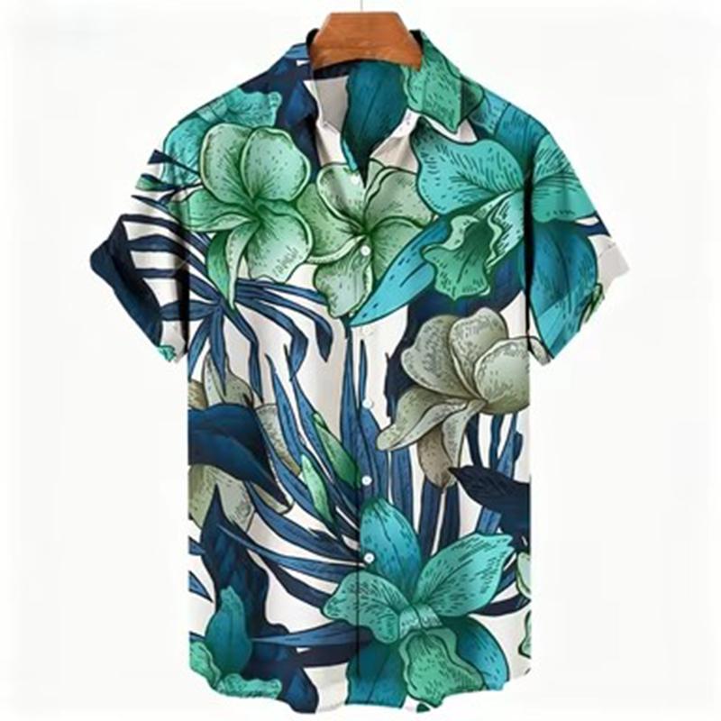 Tropical Palm Print Lapel Short Sleeve Men Shirt, Lightweight Loose Summer Casual Button Down Clothing