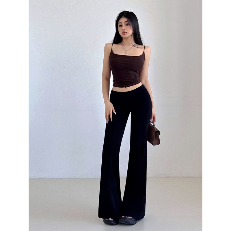 

Liviahome [White Women Aesthetics] Mid-Waist Flanging Trumpet pants Women Summer Stretch Slim fit Slimming Knitted Trousers Black small version M