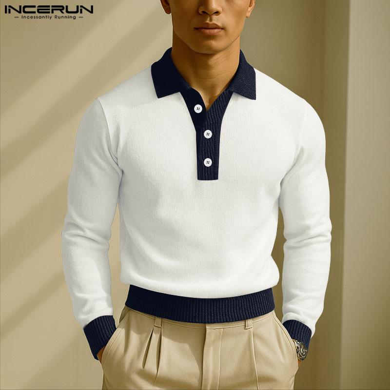 INCERUN Herbst Herren Reverskragen Langarm Rippen-Patchwork Lässige Lockere Pullover-Tops