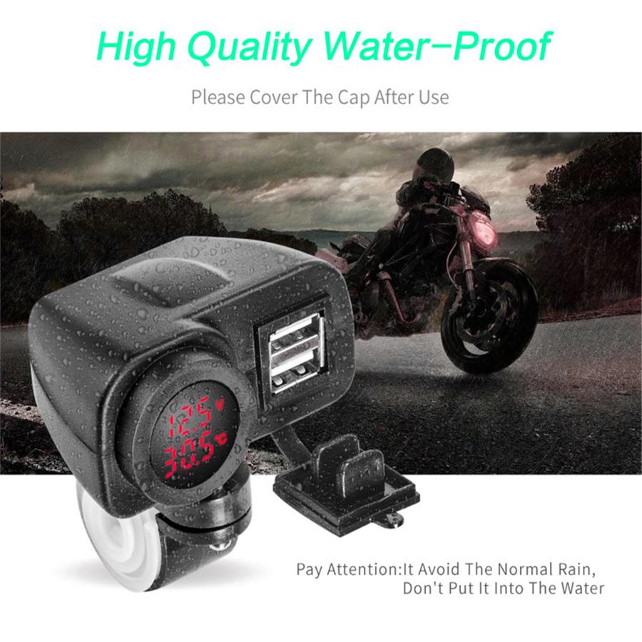 Universal Motorcycle 12v Dual USB 2.1A+2.1A Charger  With Digital Voltmeter LED Display Thermometer