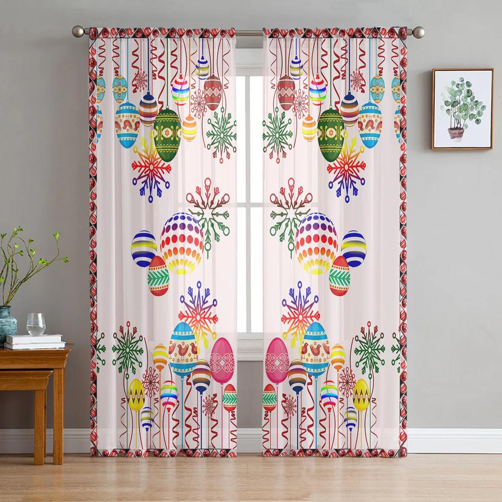 Happy Easter Curtains Bedroom Living Room Festival Decor Flower Bicycle Cartoon Rabbit Tulle Curtain Window Drapes Light Filtering Polyester Ideal For