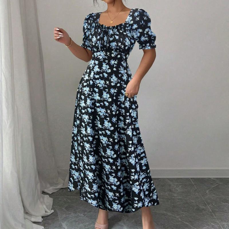 Ruffle Edge Dress Women Puff Sleeves Printed Slim Fit Spring Summer Size S-XXL