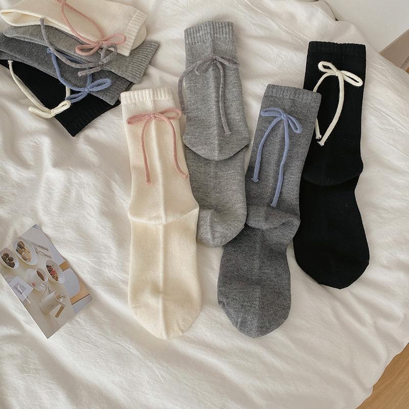 Femme Automne Hiver Épaissies Chaudes Douces Talon Ruban Nœud Laine Polaire Chaussettes