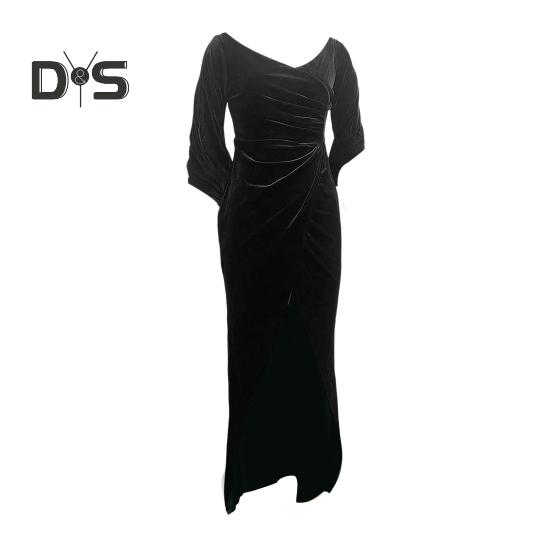 Lady Evening Dress Skinny Pleated Off Shoulder Slit Hem Half Sleeves Annual Symposium Wedding Party Prom Maxi Dress Ball Gown