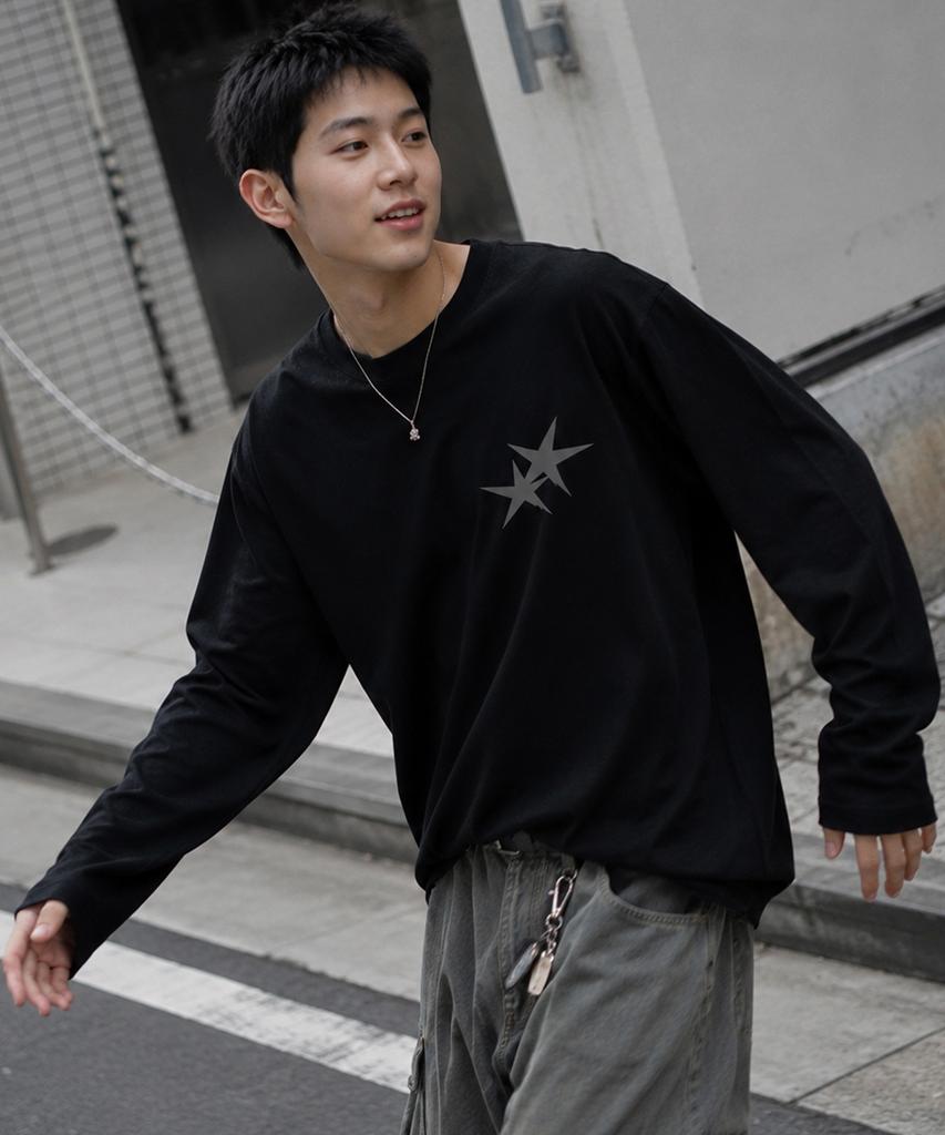 GRAVER ORDINARY [Odnr Unisex] Small Twins Star Long Sleeve T-Shirt_Charcoal