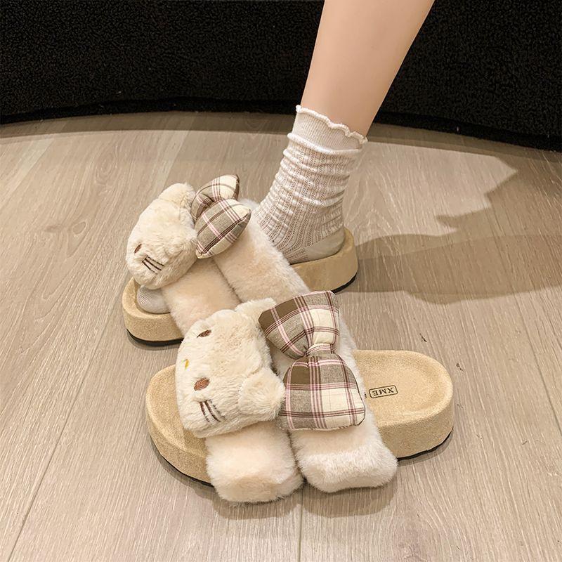 Plush plush drag plush cute plush one word Boken cotton slippers women's wear 2025 winter new thick bottom non-slip