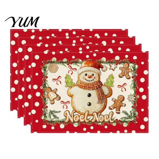 Holiday Party Supplies 4Pcs Christmas Linen Placemat Set, Cartoon Snowman Gingerbread Gnome Table Heat Insulation Pads Mat, Resistant Place