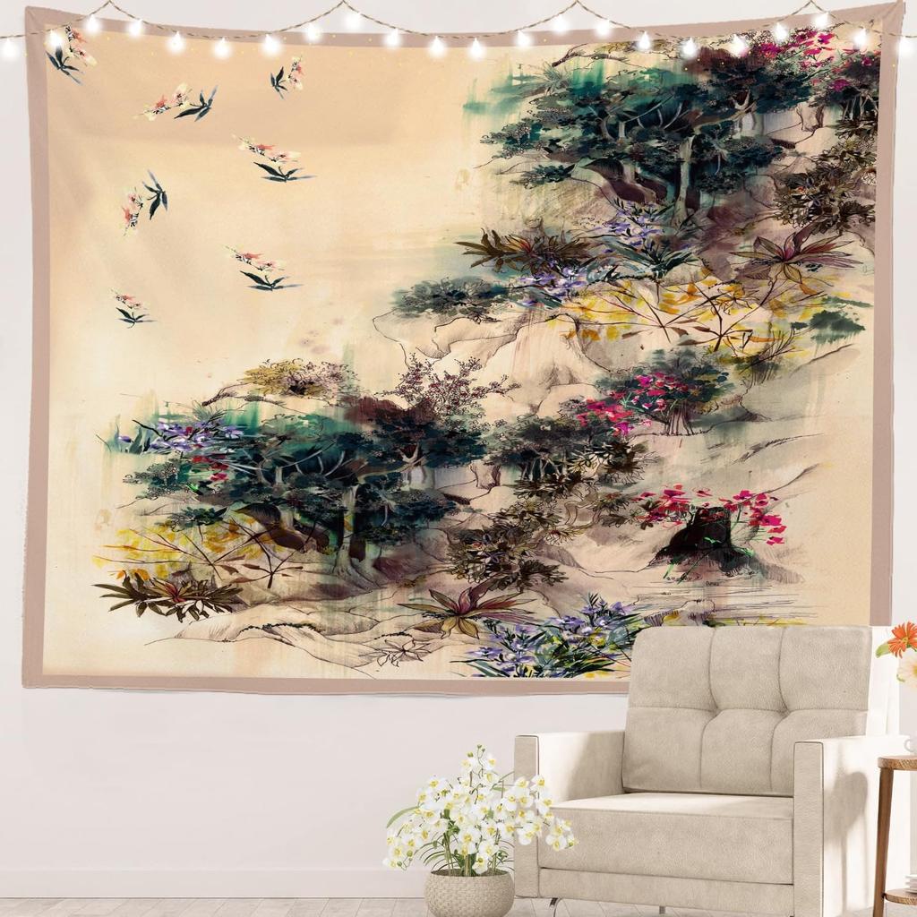 Rosa Kirschblüten Chinesische Landschaftsmalerei China Blüte Picknickmatte Hippie Trippy Wandteppich Wandkunst Dekor für Schlafzimmer Wohnzimmer