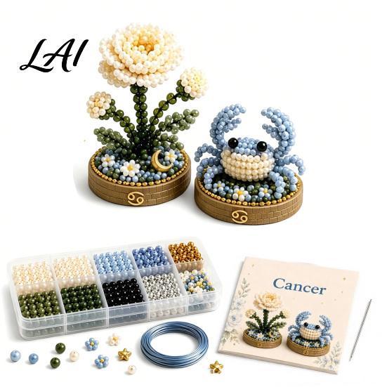 Handmade Zodiac Flower 12 Signs Bead Craft Kit DIY Beaded Garden 3D Astrology Kit with Pre-Sorted Beads Tools Project for Beginners Adults Teens