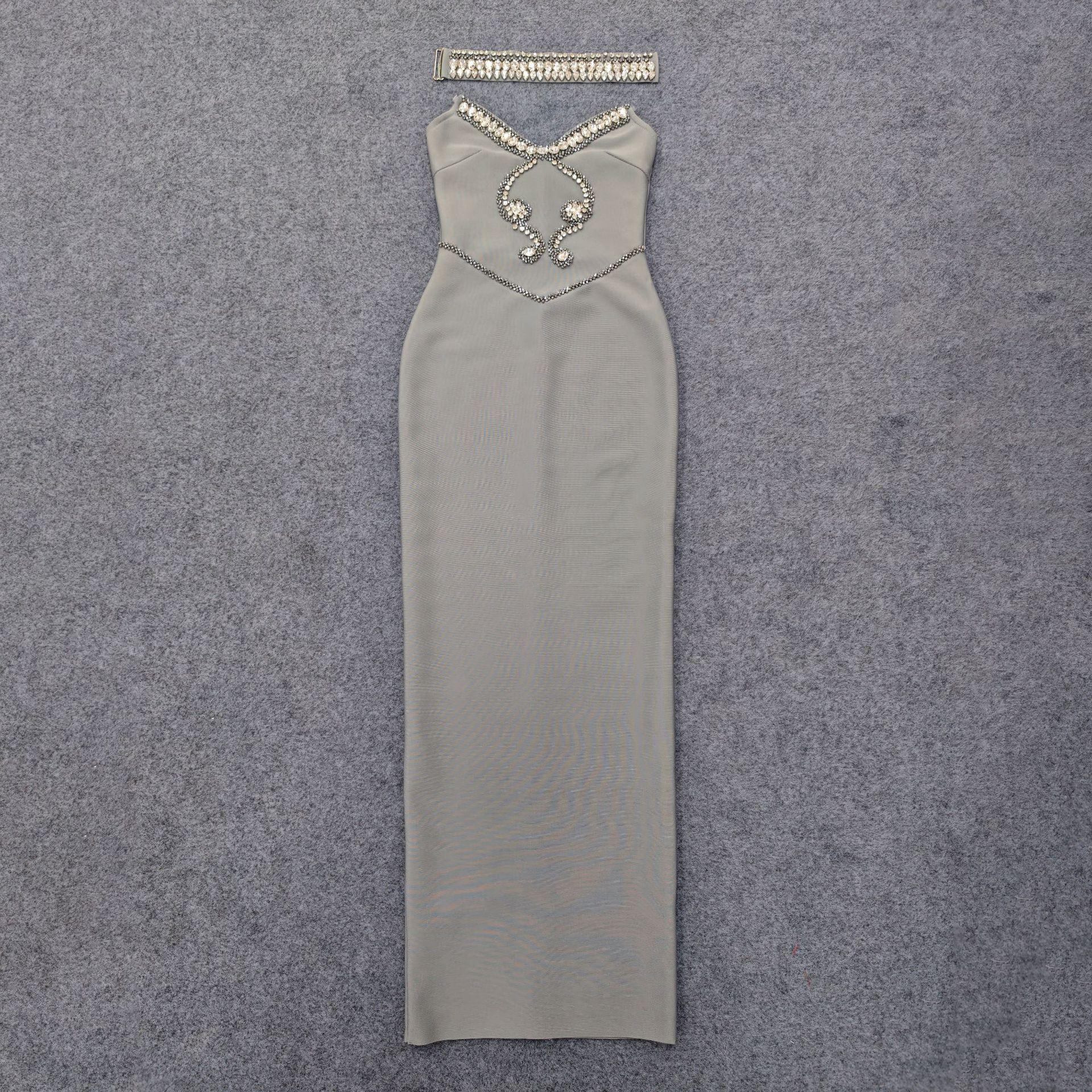 Elegant Strapless Rhinestone Bandage Party Gown Large серый