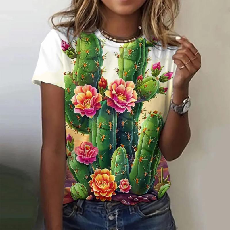 Tricou de vară cu imprimeu 3D de desene animate, ediție largă, la modă, cu model cactus, top, tricou cu gât rotund, mânecă scurtă, top pentru femei