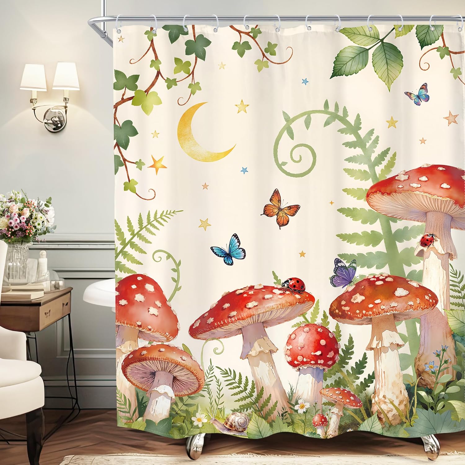 Mushroom & Floral Boho Shower Curtain – Watercolor Butterflies, Moon & Stars, Vintage Botanical Bathroom Decor W60H190(CM)-1 Pcs