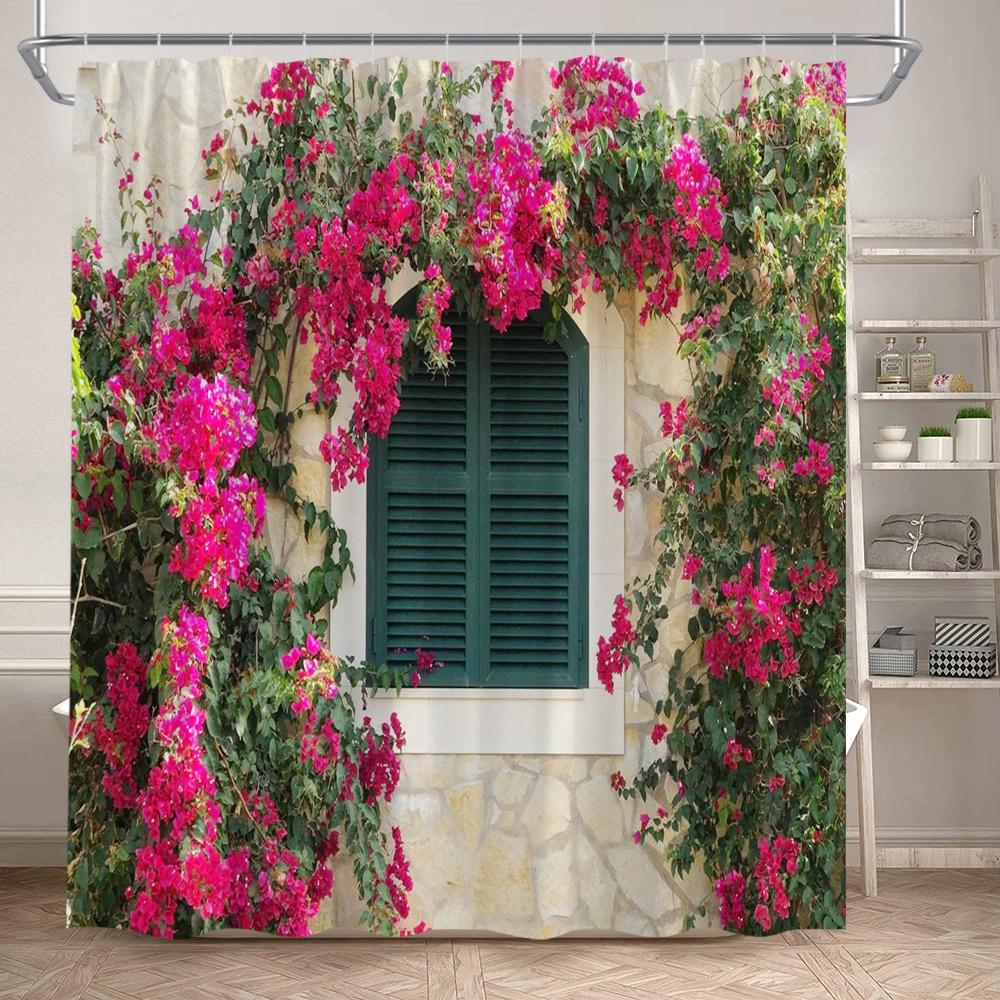 Vintage Brick Wall Green Leaves Shower Curtains Rustic Vine Plant Leaf Grey Stone Polyester Fabric Bathroom Curtain Decorative