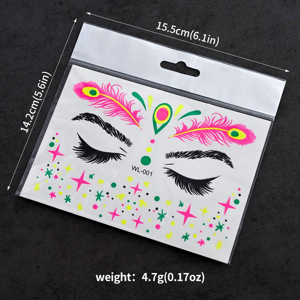 4/8Pcs Fluorescent Face Tattoo Stickers Colorful Flower/Butterfly/Feather Design Temporary Decal Waterproof Makeup/Party Tattoos