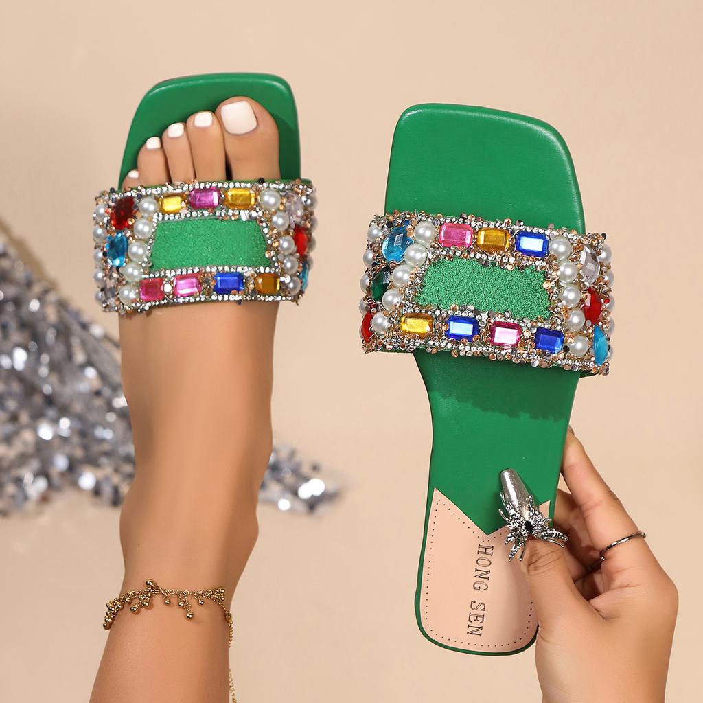Fashion Women's Fashion Flat Slippers in Summer New Square Shallow Diamond Beaded Soft-soled Anti-slip and Wear-resistant Slippers.