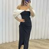 Vestido de noche para mujer, hombros descubiertos, corte bajo, cintura ajustada, dobladillo dividido, manga de malla, color a juego, longitud del tobillo, fiesta de graduación, cóctel, vestido largo de boda