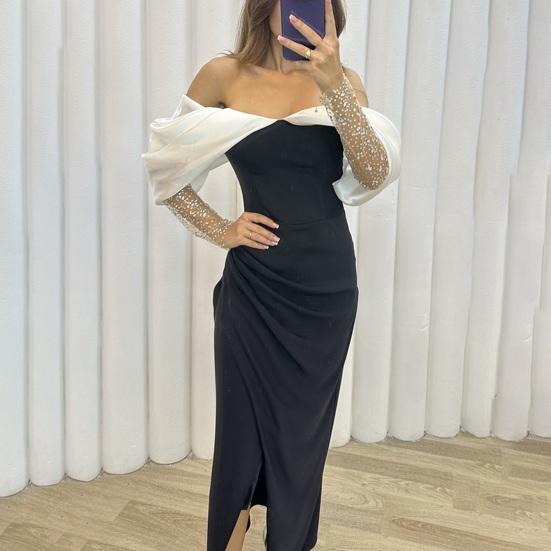Vestido de noche para mujer, hombros descubiertos, corte bajo, cintura ajustada, dobladillo dividido, manga de malla, color a juego, longitud del tobillo, fiesta de graduación, cóctel, vestido largo de boda