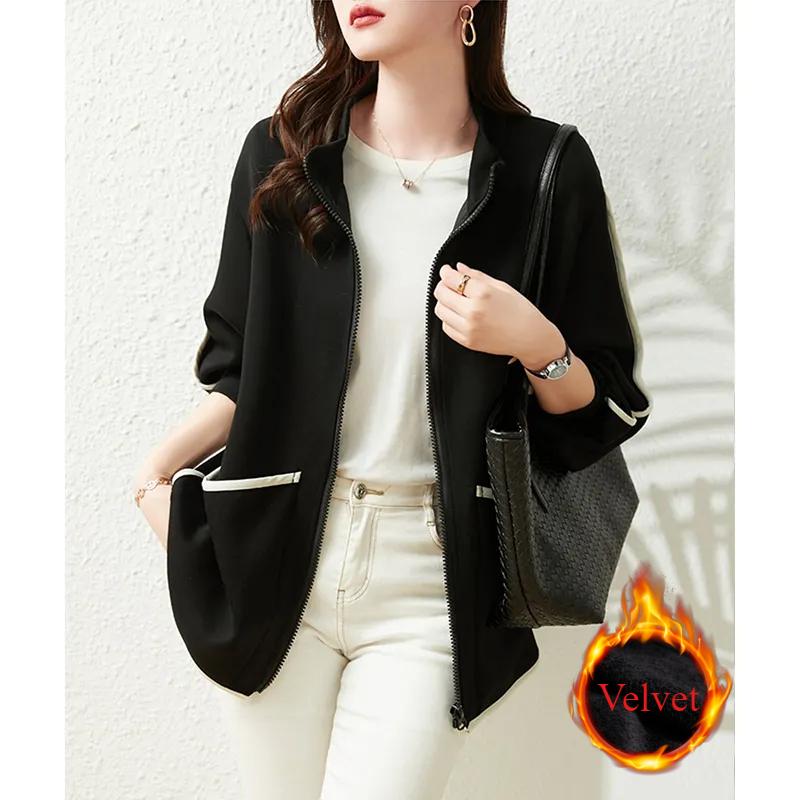 Autumn and Winter Plus Velvet Stand-up Collar Zipper Jacket Loose Casual Loose Jacket Top Women