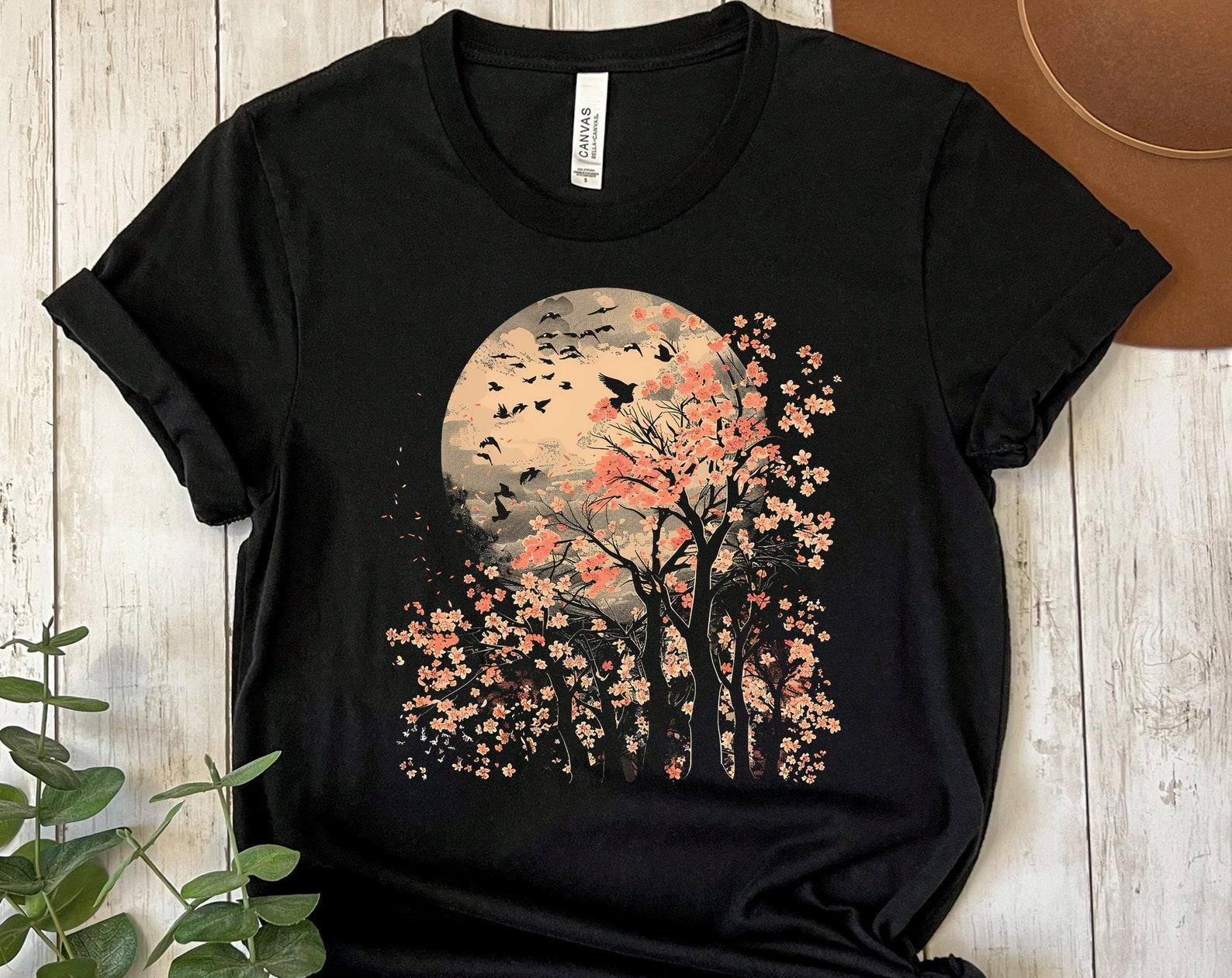 Cherry Blossom Moon T-Shirt: Japanese Night Forest Graphic Tee L