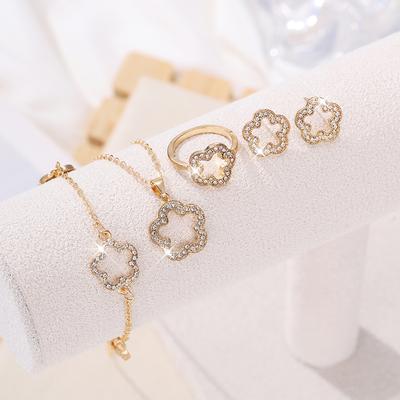 5 Pcs Women's Zircon Set - LuckyFive-Leaf Clover Necklace And Bracelet, Women's Accessories Suitable For Acations And Daily We
