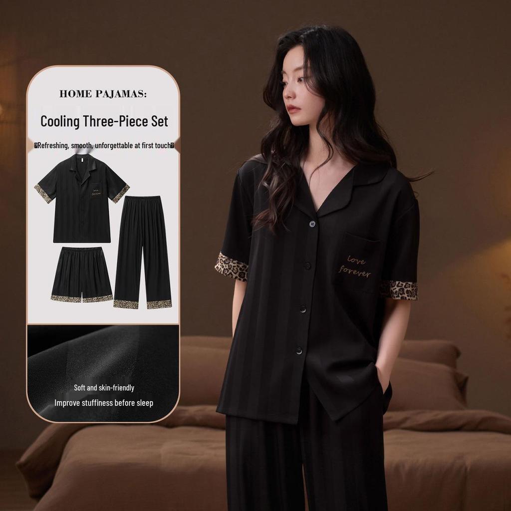 Women's Soft Ice Silk Pajama Set: Short Sleeve, Long Pants, Leopard Print, Cool, Lightweight, Luxurious Summer Loungewear.