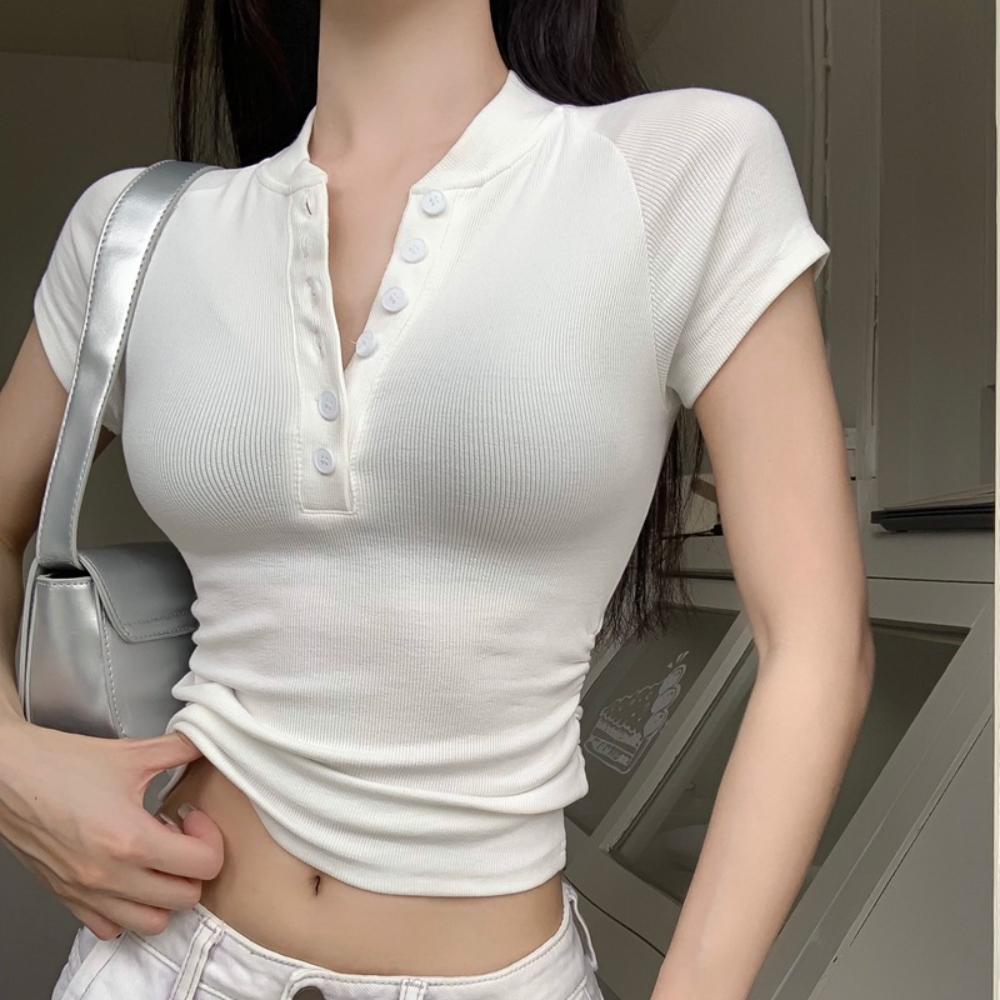 V Neck Button T Shirt Basic Short Sleeve Crop Top Women T-shirt Casual Tank Top Slim Female Crop Top Fashion Girl Tee Shirt Y2k Streetwear